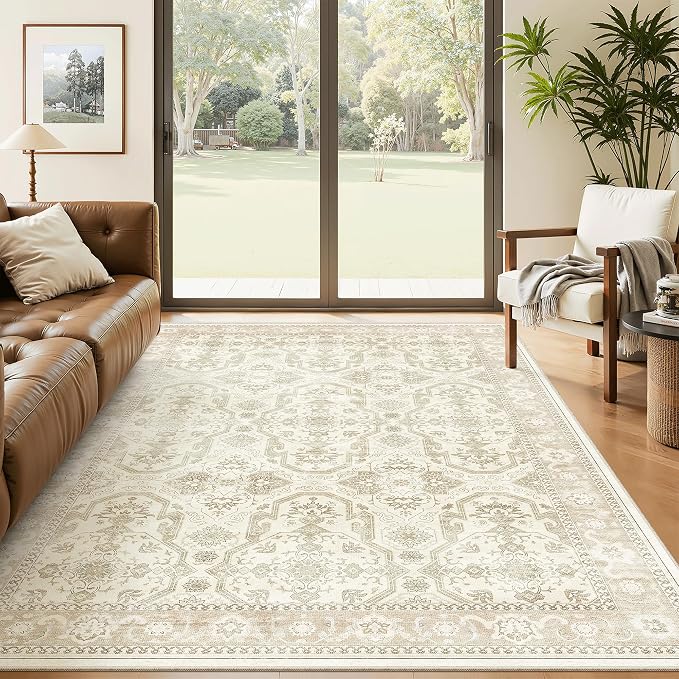 Soalmost 5x8 Area Rugs Beige/Brown Low Pile Indoor Washable Trendy Faded Style by Soalmost