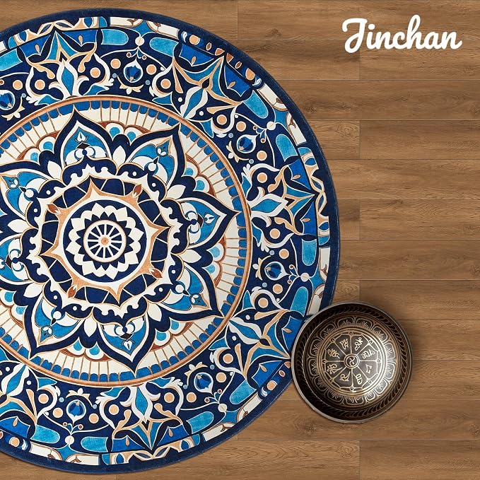 jinchan Mandala Round Rug 5ft Blue Boho Washable Rug Moroccan 5' Round Modern - Image 9