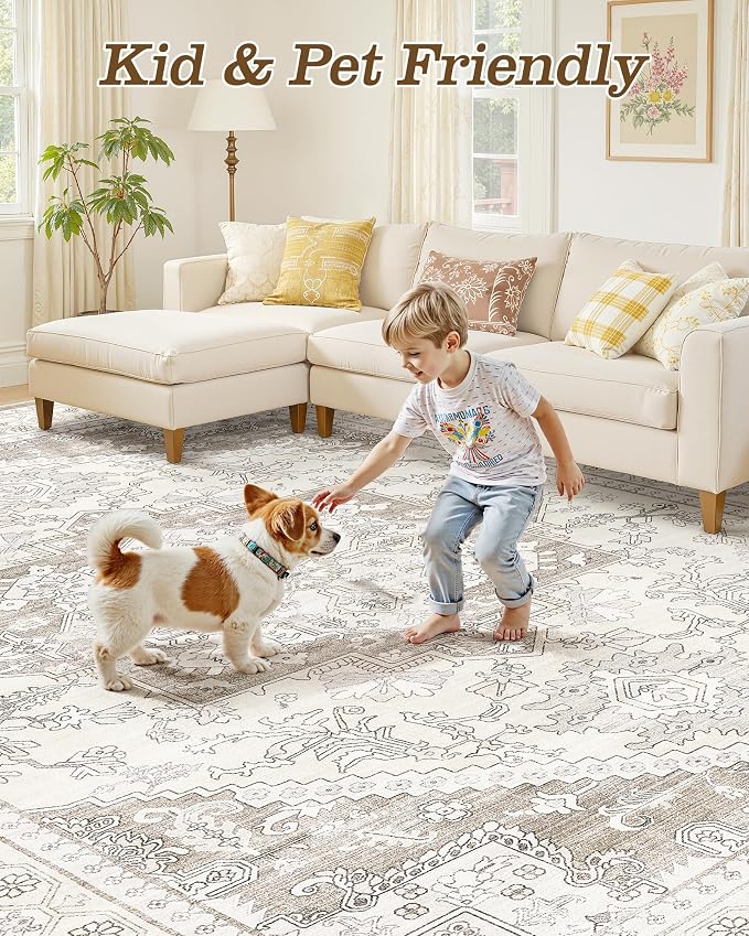 5x7 Vintage Area Rug: Washable Neutral Soft Non Slip Thin Large Floor Carpet - Image 6