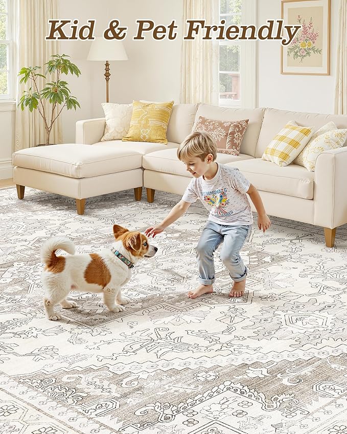 10x12 Vintage Area Rug: Washable Neutral Soft Non Slip Thin Large Floor Carpet - Image 6