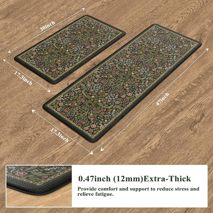 Collive Anti Fatigue Kitchen Mats, Spring Green Floral Kitchen Rugs Sets of 2 - Image 2