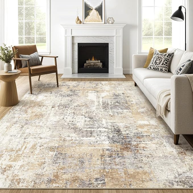 8x10 Area Rugs Living Room: Washable Large Abstract Neutral Modern Soft Rug by LOONGRUG