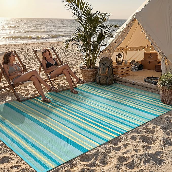 Outdoor Plastic Straw Rug Waterproof Patio 5x8 Teal Yellow Stripe Mat - Image 3