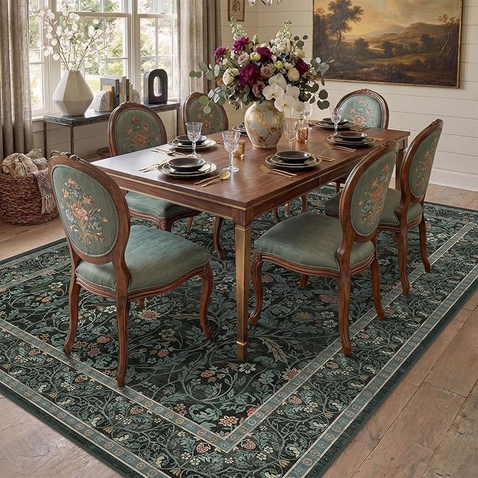 Dusty Teal Area Rug for Living Room, Floral Washable Rugs 5x7 for Bedroom - Image 3