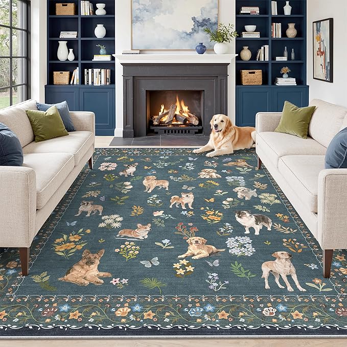 Soalmost Dog 9x12 Area Rugs for Living Room, Machine Washable Animal Floral by Soalmost