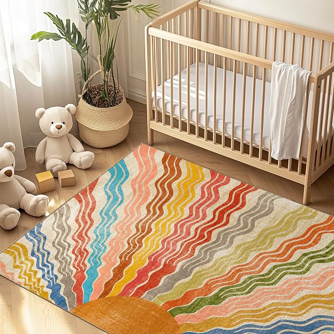 Washable 9x12 Sun Area Rug for Living Room, Rainbow Sun Modern Retro Large Area - Image 9