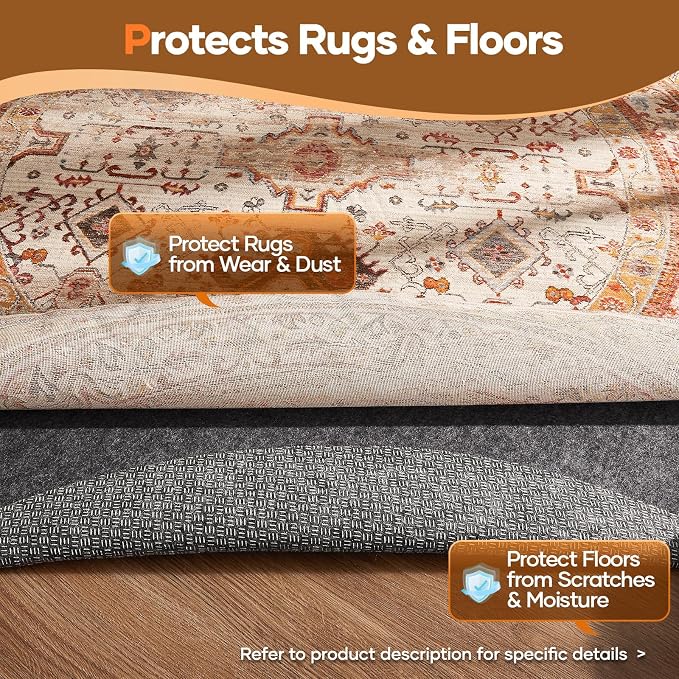 Veken 8 Ft Round Non Slip Cushioned Rug Pad Gripper, Felt and Silicone Backing - Image 5