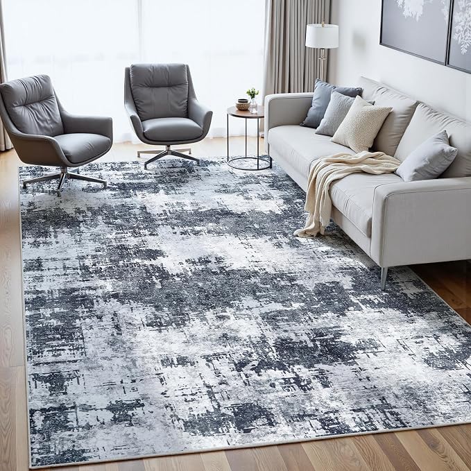 5x7 Area Rugs for Living Room Washable: Abstract Soft Thin Low Pile Black Rug - Image 4