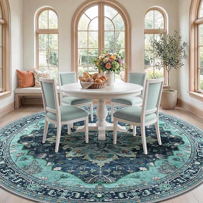 RELEANY Area Rugs Round 8ft Washable Non-Slip, Floral Vintage Distress - Image 2