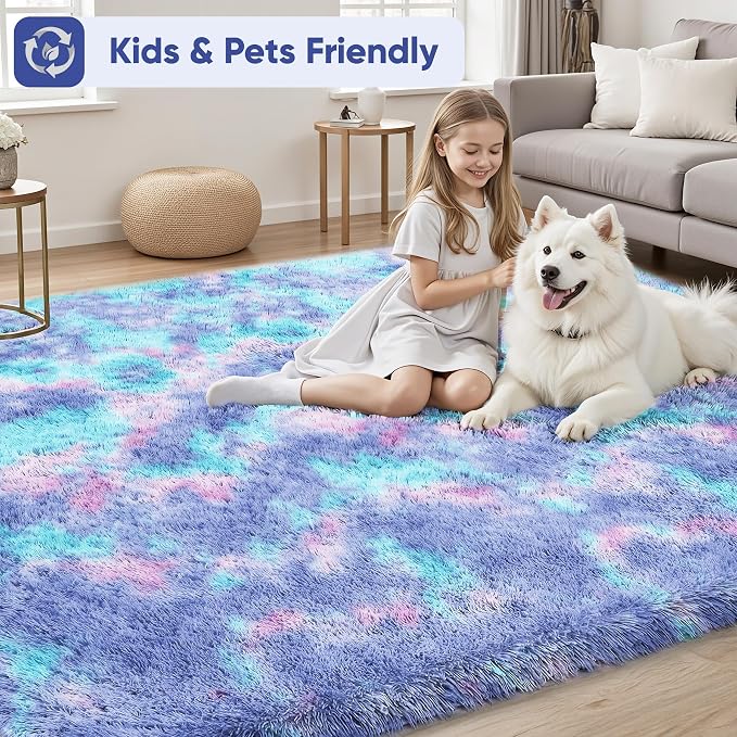 Rainbow 8x10 Fluffy Rugs for Girls Bedroom: Large Shag High Pile Area Rug - Image 4