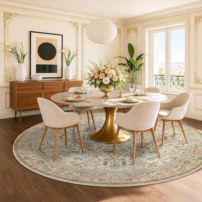 Vintage Beige 8ft Round Rug for Dining Room Under Kitchen Table by HazoHaus