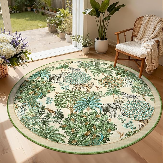 GarveeHome Jungle Round Washable Rugs 6ft Non-Slip Soft Round Rug by GarveeHome