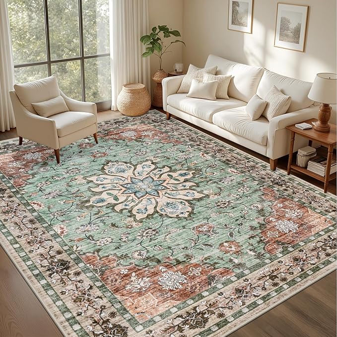8x10 Area Rugs for Living Room: Washable Rug Soft Vintage Distressed Floral - Image 3