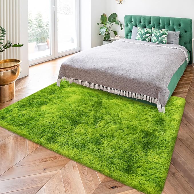 Tie Dyed Grass Green Rug 4x6 ft, Soft Plush Furry Shag Area Rugs Fluffy Fuzzy - Image 6