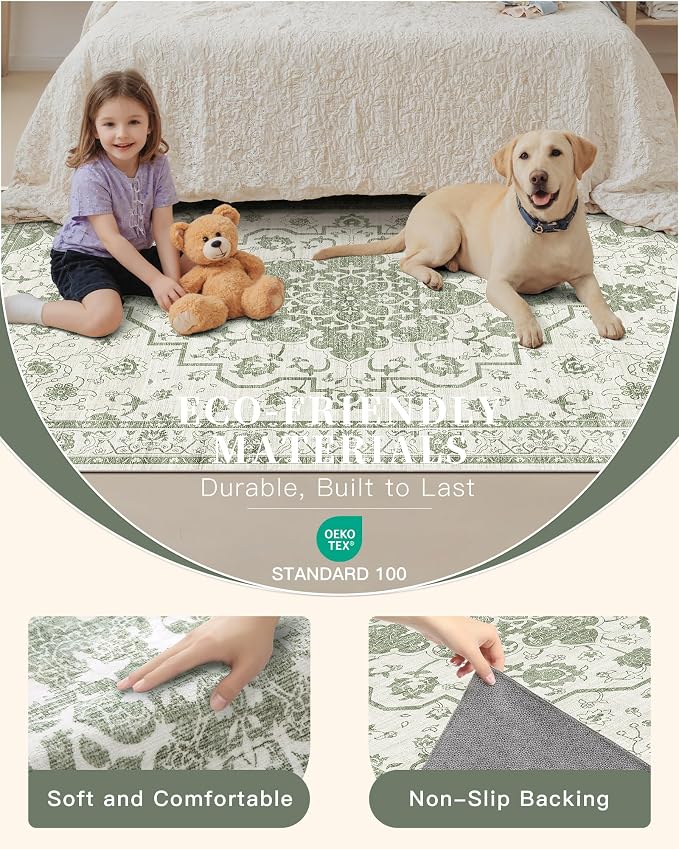 Madane 8x10 Area Rugs for Living Room, Machine Washable Vintage Green Rug - Image 4