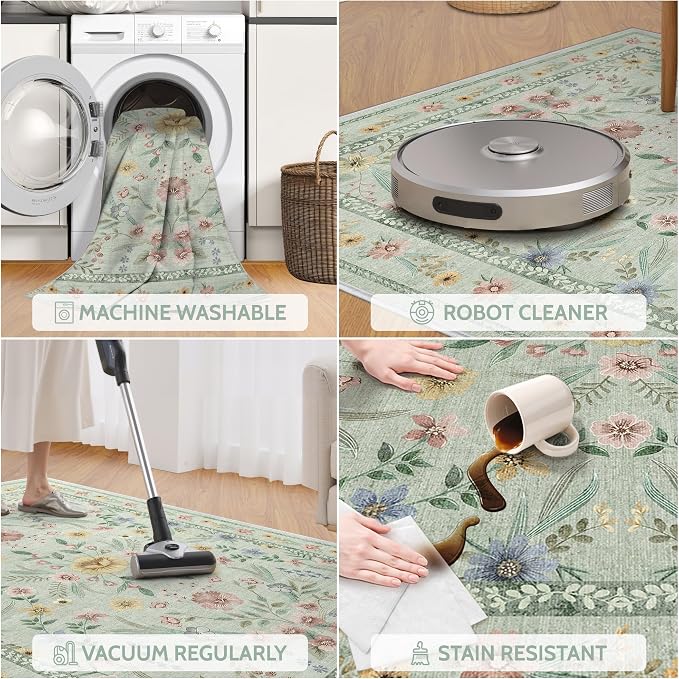 Green Floral Washable Area Rug 8x10 – Large Vintage Boho Non-Slip Carpet - Image 4