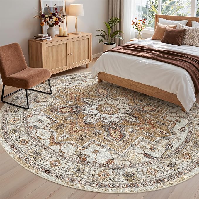 Madane Washable 9ft Circle Round Rug, 9x9 Circular Rugs Non-Slip Vintage Area - Image 3