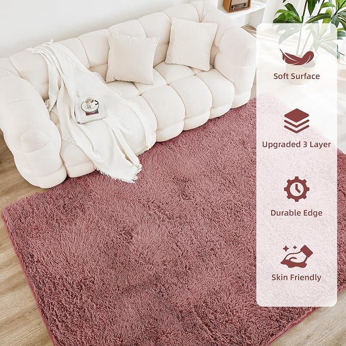 Litanika 5x8 Shag Area Rug for Living Room Bedroom, Pea Pink High Pile Ultra - Image 4
