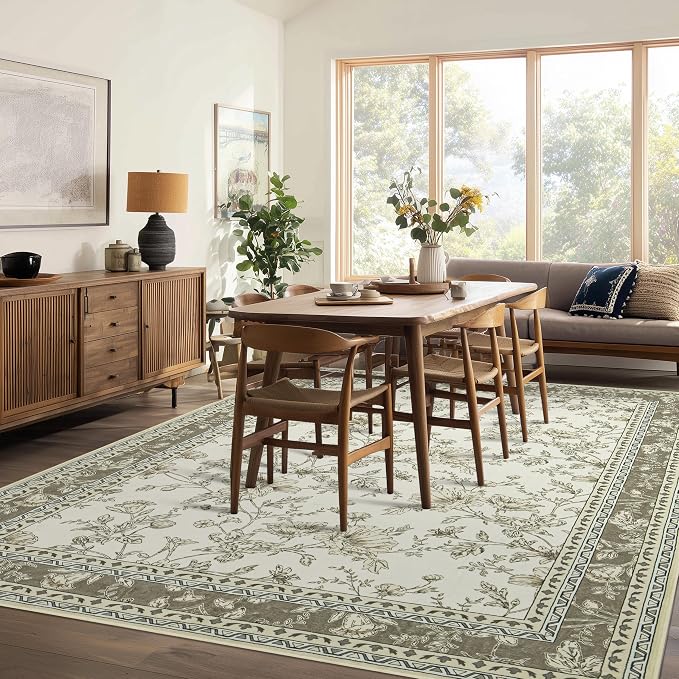 Taupe Boho Living Room Rug 5x8, Washable Low Pile Non Slip Area Rugs - Image 2