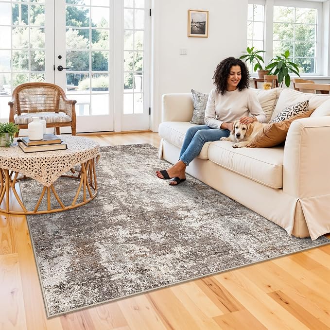 5x8 Washable Living Room Area Rug Modern Neutral Abstract Rug - Image 3
