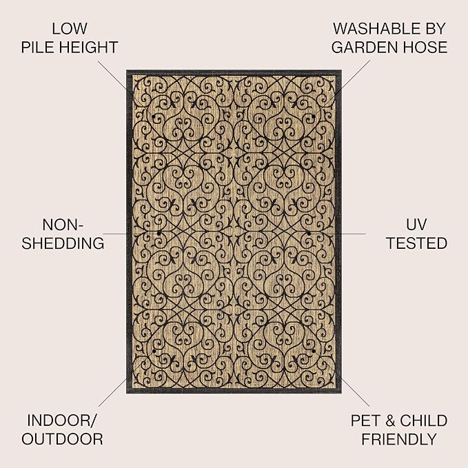 JONATHAN Y Vintage Filigree Indoor Outdoor Round Area Rug 4 Ft Black/Khaki - Image 2