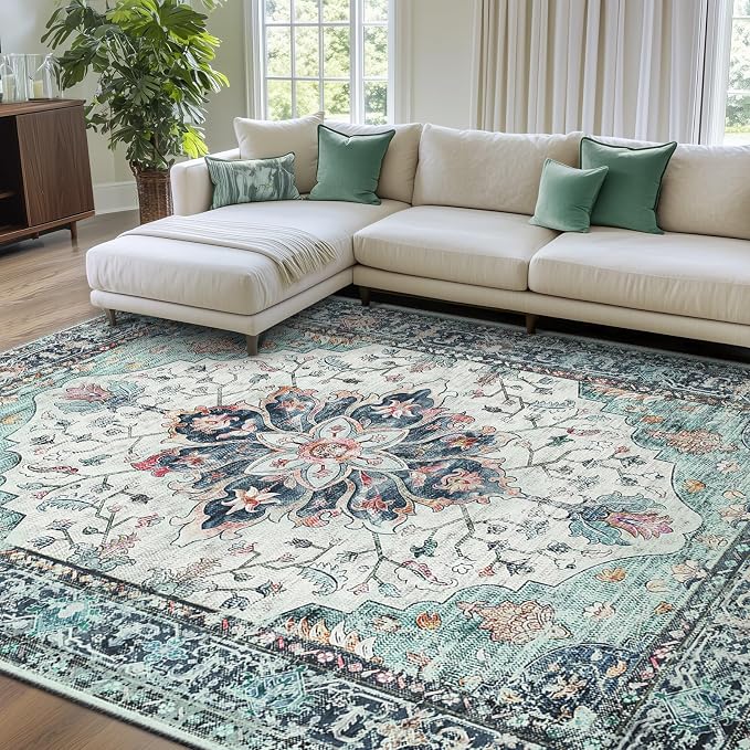 RELEANY Area Rugs 7'x9' Washable Non-Slip, Floral Vintage Distress Medallion by RELEANY