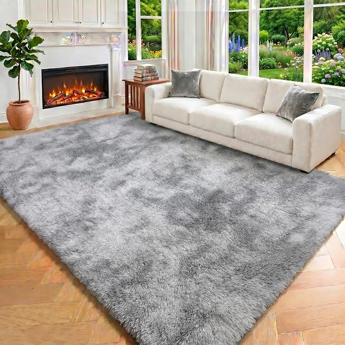 ONASAR Area Rugs for Bedroom Living Room, 4x6 Tie-Dyed Light Grey Fluffy Shaggy - Image 6