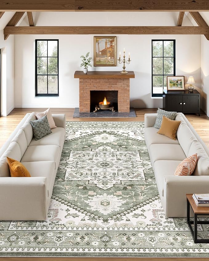 5x7 Vintage Area Rug: Washable Neutral Soft Non Slip Thin Large Floor Carpet - Image 2