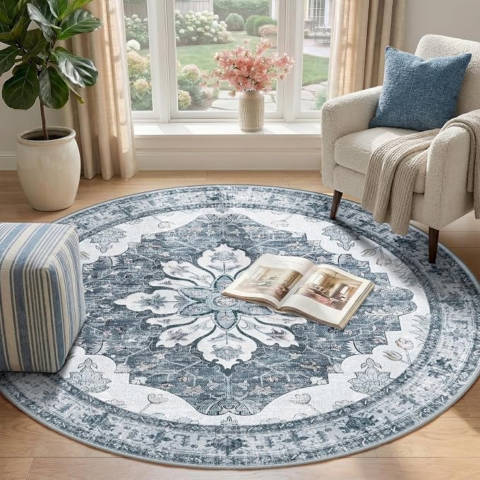 RELEANY Area Rugs Round 4ft Washable Non-Slip, Floral Vintage Distress - Image 2