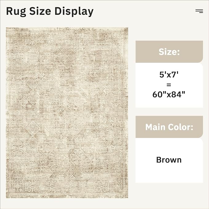 Soalmost 5x7 Area Rugs Brown Low Pile Indoor Washable Trendy Faded Style Floral - Image 5