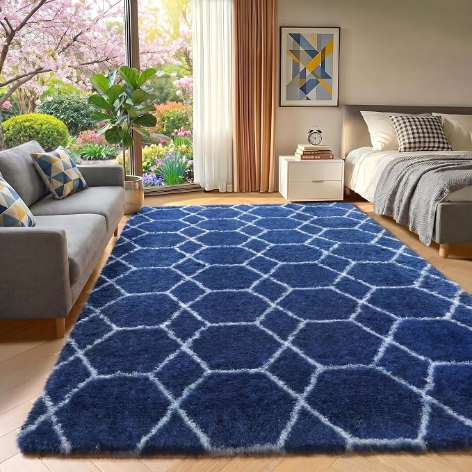 ONASAR Large 8x10 Area Rugs for Living Room, Fluffy Geometric Navy and White - Image 5