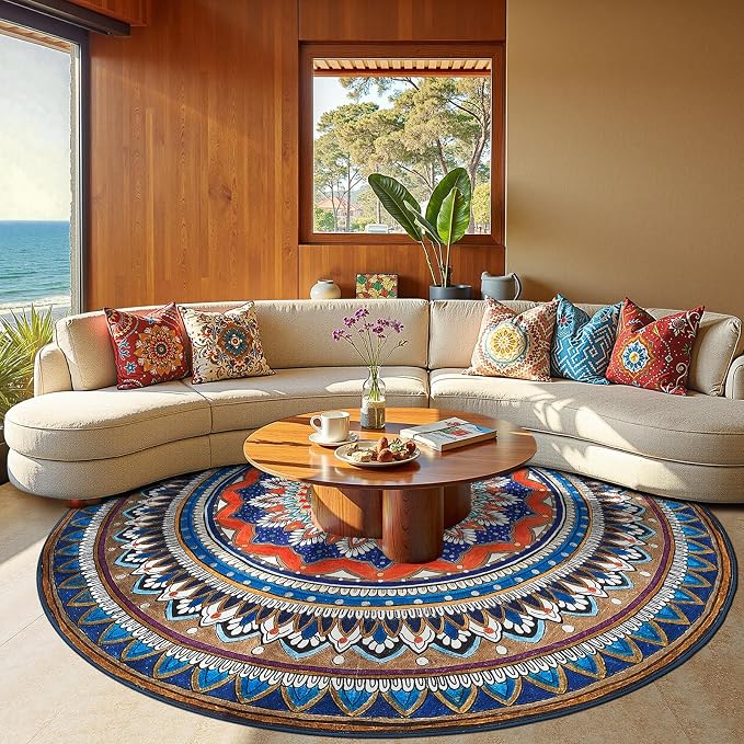 jinchan Mandala Round Rug 8ft Blue Rustic Boho Washable Rug Tribal 8' Round - Image 2