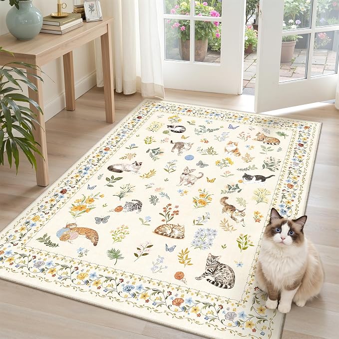 Soalmost Cat 3x5 Area Rugs for Entryway, Machine Washable Animal Floral Accent by Soalmost