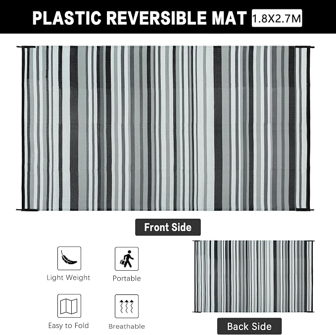 Outdoor Plastic Straw Rug Waterproof Patio 6x9 Black White Stripe Mat - Image 2