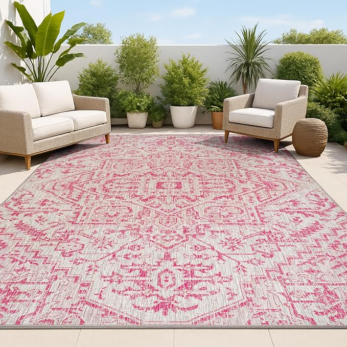 JONATHAN Y Boho Medallion Indoor Outdoor Area Rug 9X12 Light Gray/Fuchsia by JONATHANY