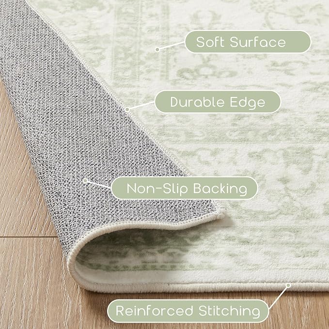 Sage Green 2x6 Runner Rug for Hallway Bathroom Washable Non Slip Vintage Boho - Image 3