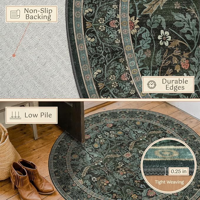 8ft Round Rug for Living Room, Dark Green Vintage Botanical Floral Large Circle - Image 5