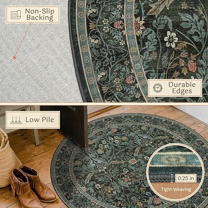 Dark Green 6ft Round Rugs for Living Room, Botanical Floral Washable Circle - Image 5