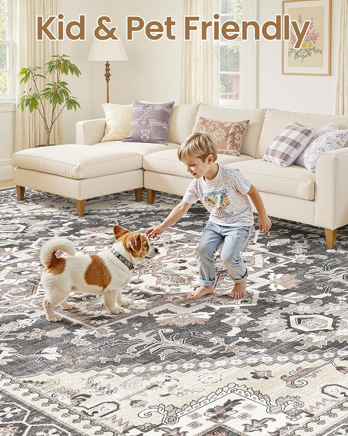 9x12 Vintage Area Rug: Washable Neutral Soft Non Slip Thin Large Floor Carpet - Image 6