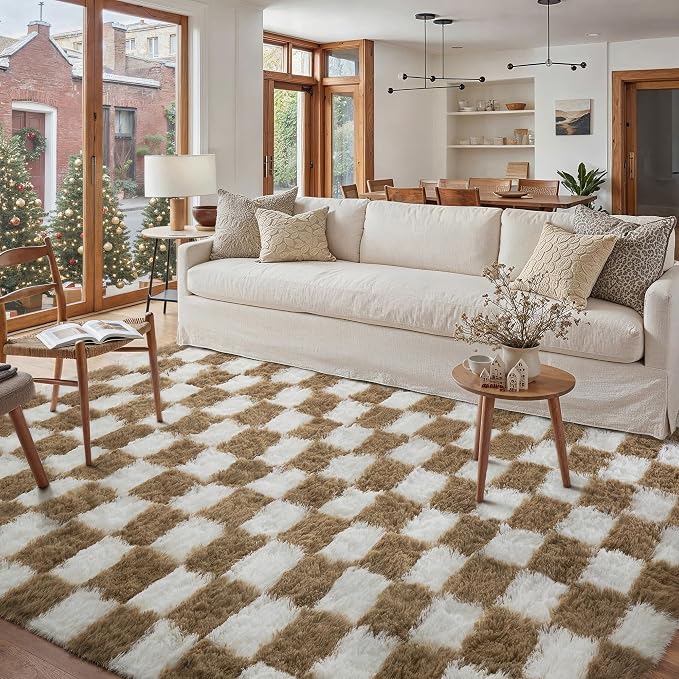 PureCozy 5x7 Area Rugs for Living Room Brown Soft Shag Checkered Large Rug by PureCozy