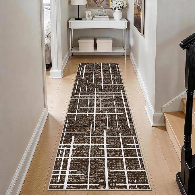 Non Slip Hallway Runner Rug 2x8, Modern Distressed Stripe, Washable Long Rug - Image 9