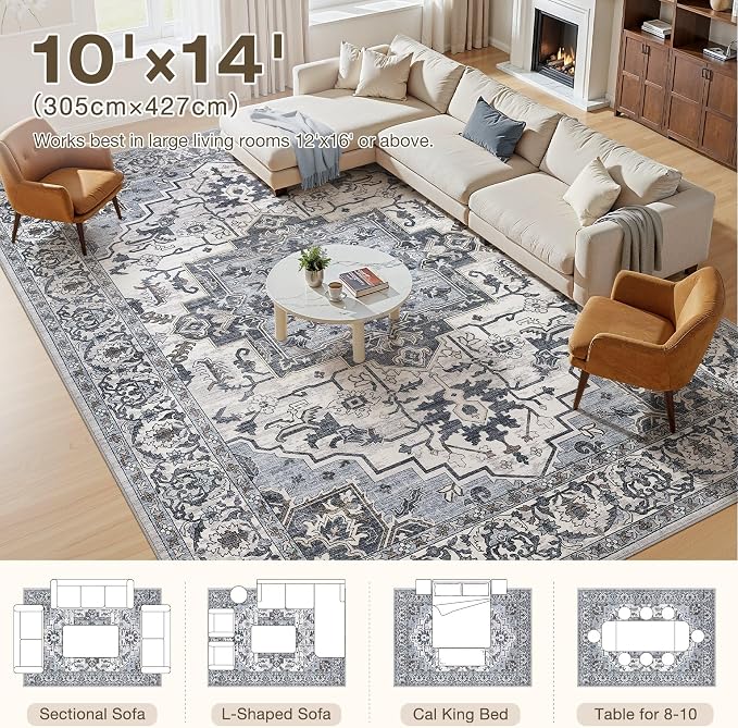 10x14 Area Rugs Living Room: Washable Vintage Rug Large Non-Slip Stain - Image 3