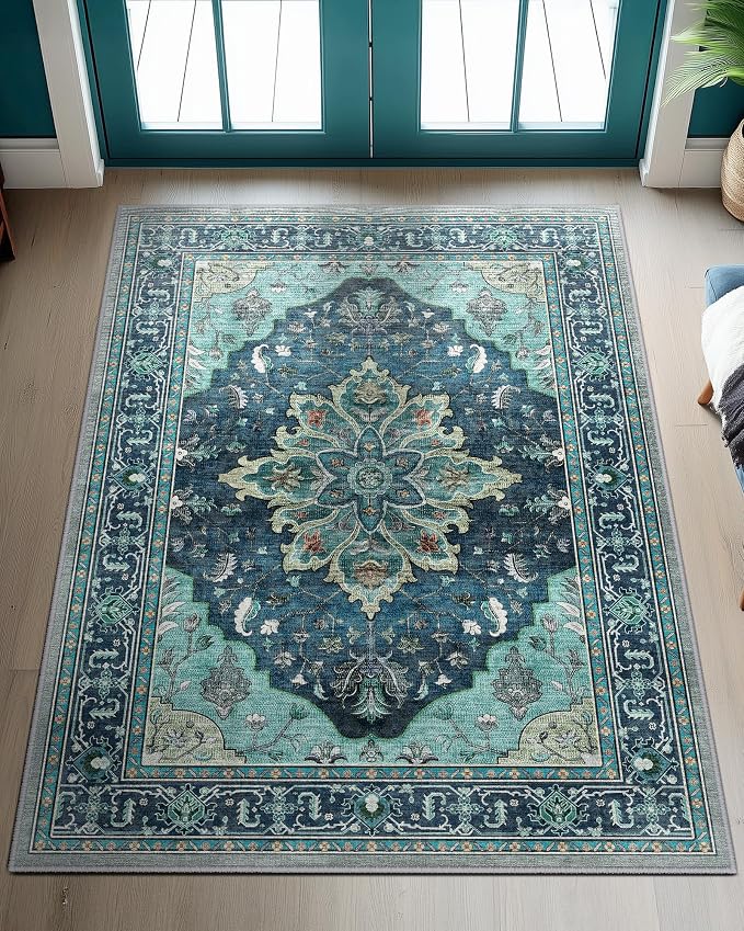 RELEANY Area Rugs 3'x4' Washable Non-Slip, Floral Vintage Distress Medallion by RELEANY