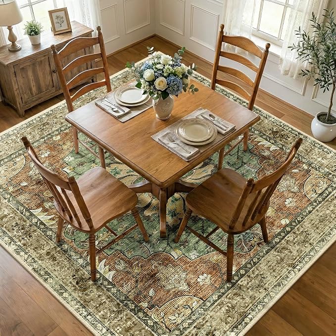RELEANY Area Rugs Square 7ft Washable Non-Slip, Floral Vintage Distress by RELEANY