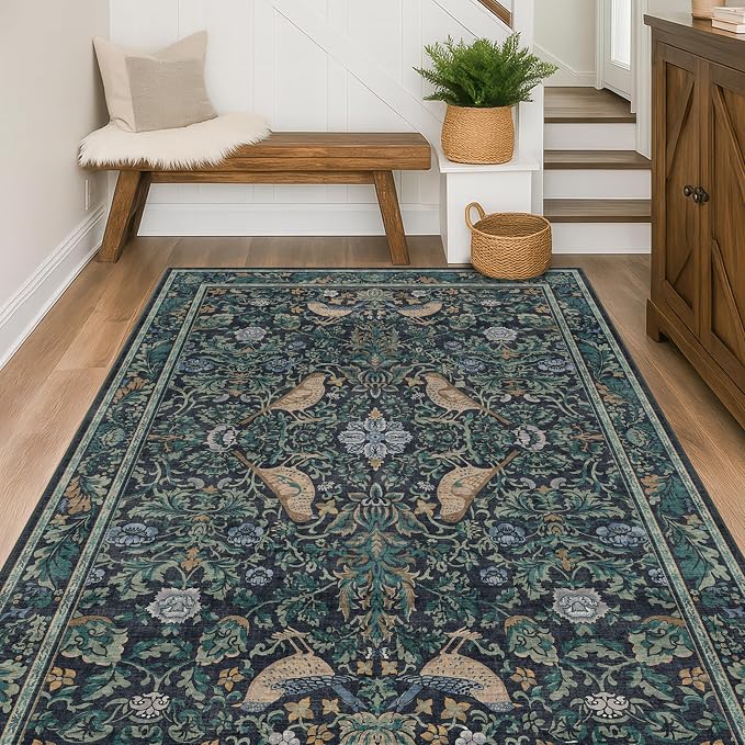 Vintage 4x6 Washable Entryway Rug, Non-Slip Low Pile Stain Resistant Carpet - Image 3