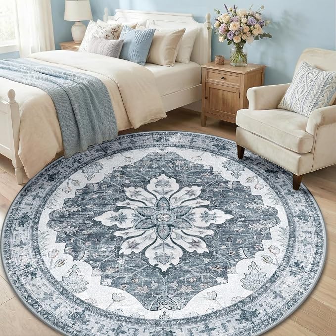 RELEANY Area Rugs Round 6ft Washable Non-Slip, Floral Vintage Distress - Image 3