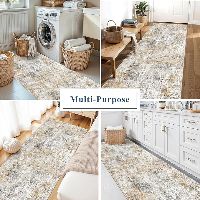 3x7 Washable Non-Slip Kitchen Runner Rug – Modern Abstract Neutral Beige & Gray - Image 4
