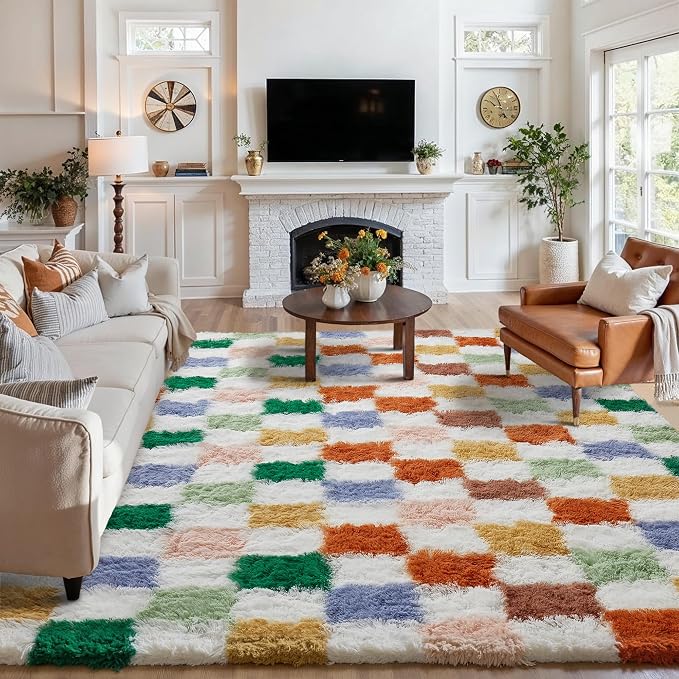 PureCozy Checkered Rug 9x12 for Living Room, Modern Neutral Shag Rug Washable by PureCozy