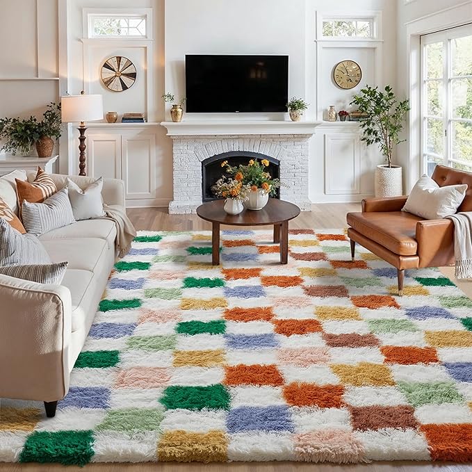 PureCozy Checkered Rug 8x10 for Living Room, Modern Neutral Shag Rug Washable by PureCozy