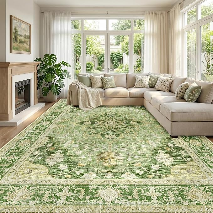 RELEANY Area Rugs Large 9'x12' Washable Non-Slip, Floral Vintage Distress by RELEANY